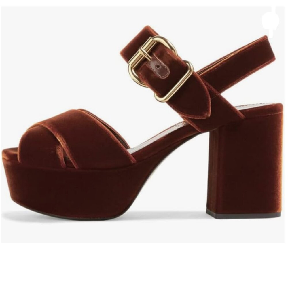 FSJ Brown Peep Toe Chunky High Heels Platform Sandals Ankle Strap Velvet Shoes